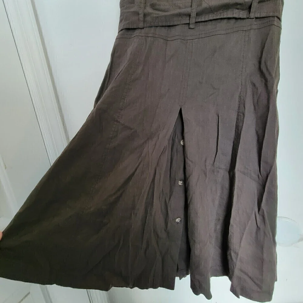 Theory Brown Button Front Sleeveless Linen Belted Pleated Back Midi Dress Size 8